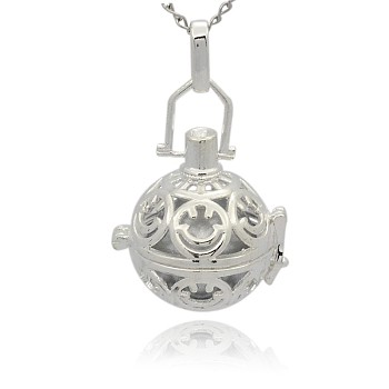 Silver Color Plated Brass Hollow Round Cage Pendants, with No Hole Spray Painted Brass Round Ball Beads, Silver, 35x25x21mm, Hole: 3x8mm