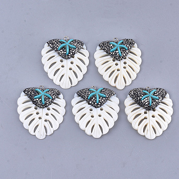 Freshwater Shell Pendants, with Polymer Clay Rhinestone, Iron Findings and Synthetic Turquoise, Leaf with Starfish/Sea Stars, Ivory, 45~46x38x8~9mm, Hole: 2mm