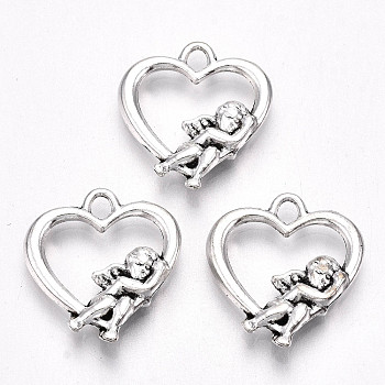 Tibetan Style Alloy Pendants, Lead Free & Cadmium Free, Heart with Angel, Antique Silver, 19.5x18x3mm, Hole: 2.5mm, about 329pcs/500g