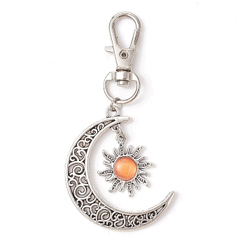 Moon & Sun Alloy Pendant Decorations, Cat Eye and Alloy Swivel Lobster Claw Clasps Charm, Antique Silver & Platinum, Light Salmon, 73mm