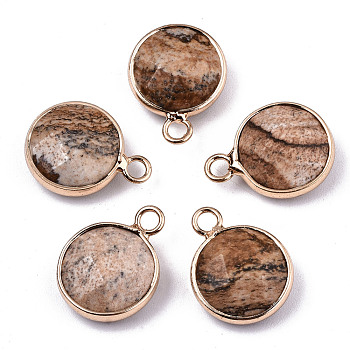 Natural Picture Jasper Pendants, Light Gold Tone Brass Edge, Faceted, Flat Round, 18x13.5x6mm, Hole: 2mm