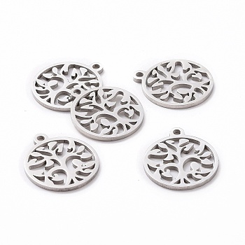 201 Stainless Steel Pendants, Filigree Joiners Findings, Laser Cut, Flat Round with The Tree of Life, Stainless Steel Color, 17x14.5x1mm, Hole: 1.5mm.