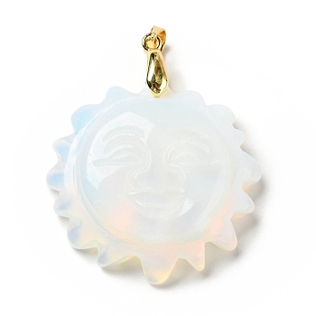 Opalite Pendants, with Golden Tone Brass Findings, Lead Free & Cadmium Free, Sun with Smiling Face, 42x34~35x10.5mm, Hole: 3.8x5mm