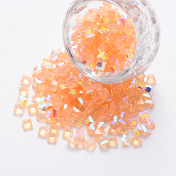 Transparent Resin Rhinestone Cabochons, Nail Art Decoration Accessories, AB Color Plated, Faceted Square, Orange, 4x4x2.5mm