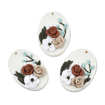 Handmade Polymer Clay Pendants, Oval with Rose Flower, White, 34.5~36x24.5~25.5x6.5~8mm, Hole: 1.8mm