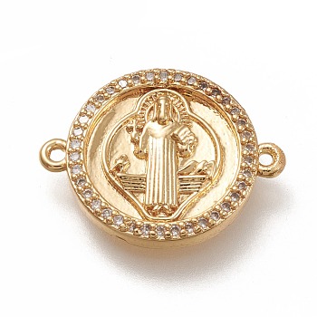 Brass Links Connectors, with Micro Pave Clear Cubic Zirconia, Flat Round with Cssml Ndsmd Cross God Father Religious Christianity, Real 18K Gold Plated, 15x19x2mm, Hole: 1mm