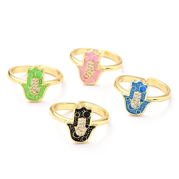 Adjustable Real 18K Gold Plated Brass Enamel Finger Rings, Cuff Rings, with Clear Cubic Zirconia, Hamsa Hand/Hand of Fatima/Hand of Miriam, Mixed Color, Inner Diameter: 17.5mm