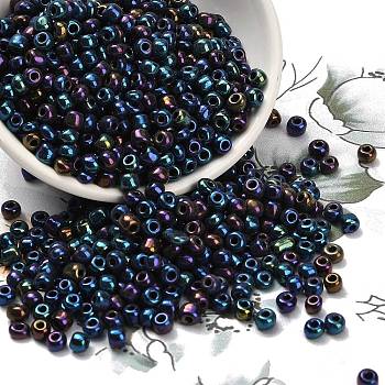 6/0 Electroplated Iris Round Glass Seed Beads, Prussian Blue, 4mm, Hole: 1mm, about 495pcs/50g