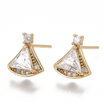 Brass Stud Earring Findings, with Loop, Cubic Zirconia, Nickel Free, Real 18K Gold Plated, Fan, Clear, 10x9mm, Hole: 0.8mm, Pin: 0.8mm