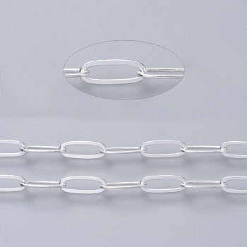 Brass Paperclip Chains, Flat Oval, Drawn Elongated Cable Chains, Soldered, Cadmium Free & Lead Free, Silver Color Plated, 9x3.5x0.7mm, about 6.56 Feet(2m)/roll