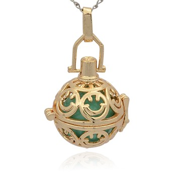 Golden Tone Brass Hollow Round Cage Pendants, with No Hole Spray Painted Brass Round Ball Beads, Medium Turquoise, 35x25x21mm, Hole: 3x8mm