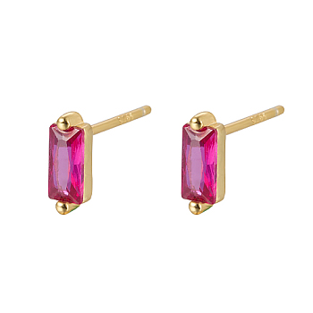 Cubic Zirconia Rectangle Stud Earrings, Golden 925 Sterling Silver Post Earrings, with 925 Stamp, Fuchsia, 7.8x3mm