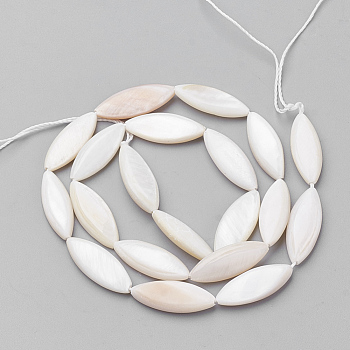 Natural Shell Beads Strands, Shuttle, White, about 21mm long, 7mm wide, 4mm thick, hole: 0.5mm, 19pcs/strand, 16 inch