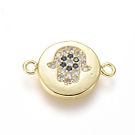 Brass Micro Pave Cubic Zirconia Links Connectors, Cadmium Free & Lead Free, Flat Round with Hamsa Hand/Hand of Fatima /Hand of Miriam, Blue & Clear, Golden, 10.5x15.5x1.5mm, Hole: 1.2mm(ZIRC-I032-36G)
