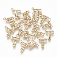 Brass Cubic Zirconia Charms, Letter, Clear, Real 18K Gold Plated, Letter.T, 10x8.5x1.5mm, Hole: 1mm(KK-S348-330T)
