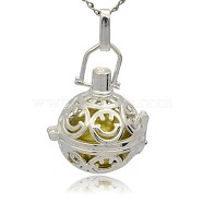 Silver Color Plated Brass Hollow Round Cage Pendants, with No Hole Spray Painted Brass Round Ball Beads, Dark Khaki, 35x25x21mm, Hole: 3x8mm(KK-J216-08S)