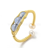 Natural Pearl & Aquamarine Beaded Open Cuff Ring, Brass Wire Wrap Finger Ring, Real 14K Gold Plated, US Size 7(17.3mm)(RJEW-H220-40G)