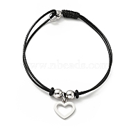 304 Stainless Steel Heart Charm Bracelet with Waxed Cord for Women, Stainless Steel Color, 7 inch(17.8cm)(BJEW-A125-21)