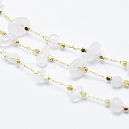 3.28 Feet Handmade Natural Rose Quartz Beaded Chains, Soldered, Brass Chains and Brass Beads, Long-Lasting Plated, Real 18K Gold Plated, 4~14x4~11x2~7mm, Brass Beads: about 2x2x2mm(X-CHC-I026-D-03G)