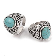Oval Synthetic Turquoise Cuff Rings, Alloy Wide Band Open Rings for Women, Cadmium Free & Lead Free, Antique Silver, 19.5mm, Inner Diameter: Adjustable(RJEW-B107-04AS)
