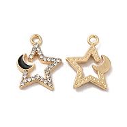 Rack Plating Alloy Rhinestone Pendants, with Enamel, Nickel Free, Star with Moon Charms, Golden, Black, 17x13x2mm, Hole: 1.6mm(PALLOY-O106-27G-03)