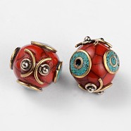 Round Tibetan Style Beads, with Synthetic Turquoise and Antique Golden Brass Findings, Dark Red, 15x16.5mm, Hole: 2mm(TIBEB-F041-12)
