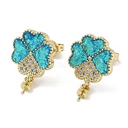 Clover Shape Brass Micro Pave Cubic Zirconia Stud Earrings, with Synthetic Opal, for Half Drilled Beads, Cadmium Free & Lead Free, Long-Lasting Plated, Real 18K Gold Plated, 20x12mm, Pin: 0.7mm(EJEW-C069-02G)