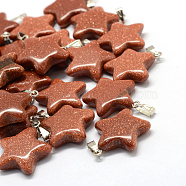 Star Synthetic Goldstone Pendants, with Platinum Tone Brass Findings, 22~23x20~24x5~7mm, Hole: 2x7mm(G-Q367-09)