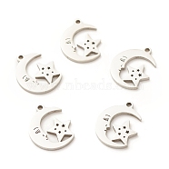201 Stainless Steel Pendants, Moon with Face & Star, Stainless Steel Color, 17x13x1.2mm, Hole: 1.5mm(STAS-G258-04P)