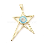 Real 18K Gold Plated Brass Clear Cubic Zirconia Pendants, with Enamel, Star, Light Sky Blue, 40x29x3.5mm, Hole: 6.5x3.7mm(KK-A198-23G-01)