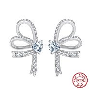 925 Sterling Silver Micro Pave Clear Cubic Zirconia Stud Earrings, Bowknot, Real Platinum Plated, 19.5x11.5mm(STER-P065-07P)