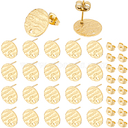 60Pcs Textured Flat Round Ion Plating(IP) 304 Stainless Steel Stud Earring Findings, with Earring Backs & Hole, Golden, 12x1mm, Hole: 1.4mm, Pin: 0.7mm(STAS-SP0001-46)