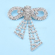 Crystal Rhinestone Bowknot Lapel Pin, Creative Brass Badge for Backpack Clothes, Silver, 71x61x62.5mm, Pin: 0.6mm(JEWB-T002-33S)