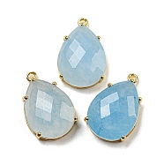 Dyed Natural Jade Imitation Aquamarine Pendants, with Rack Plating Brass Findings, Dyed, Teardrop, 24~24.5x16~16.5x7mm, Hole: 1.5mm(G-M431-10G-05)