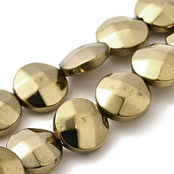 Electroplated Synthetic Non-magnetic Hematite Beads Strands, Double Side Faceted, Flat Round, Light Gold Plated, 10x4.5mm, Hole: 0.8mm, about 41pcs/strand, 15.94''(40.5cm)(G-L368-15B-01)