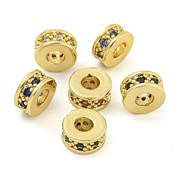 Rack Plating Brass Micro Pave Cubic Zirconia Spacer Beads, Long-Lasting Plated, Lead Free & Cadmium Free, Rondelle, Real 18K Gold Plated, Mixed Color, 6x3mm, Hole: 2.5mm(KK-F089-39B-G)