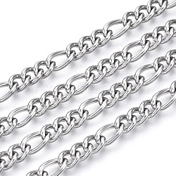 Tarnish Resistant 304 Stainless Steel Curb Chains, Figaro Chains, with Spool, Unwelded, Stainless Steel Color, 7.5x6x3mm and 11x6x3mm, about 82.02 Feet(25m)/roll(CHS-N001-05P)