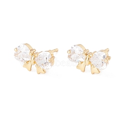 Clear Cubic Zirconia Bowknot Stud Earrings, Brass Jewelry for Women, Lead Free & Cadmium Free, Real 18K Gold Plated, 8x12mm, Pin: 0.8mm(EJEW-F282-43G)