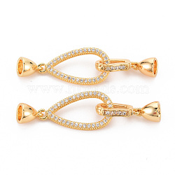 Brass Micro Pave Clear Cubic Zirconia Fold Over Clasps, Nickel Free, Teardrop, Real 18K Gold Plated, 13x31x2mm, Cord End: 8x6.5mm, Clasp: 21x6.5x8mm, Inner Diameter: 4.5mm(KK-S354-316-NF)