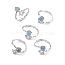 Natural Aquamarine Cuff Rings, Platinum Tone Brass Jewelry for Women, Round with Star, 2~7.5mm, Inner Diameter: 18mm(RJEW-G273-05P-02)