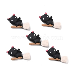 Cat with Besom Opaque Resin Cabochons, for Halloween, Black, 18.5x28.5x6.5mm(RESI-F031-03)