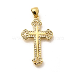 Rack Plating Brass Micro Pave Cubic Zirconia Pendants, Long-Lasting Plated, Lead Free & Cadmium Free, Cross Charms, Real 18K Gold Plated, 30.5x18.5x2mm, Hole: 5x3mm(KK-L226-005G-12)