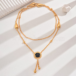 Vintage Classic Elegant Brass Pave Natural Black Onyx(Dyed & Heated) Fashion European Flower Lariat Necklaces, Real 18K Gold Plated, 46.46 inch(118cm)(YP1848-4)