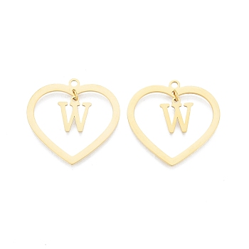 201 Stainless Steel Pendants, Hollow, Heart with Letter A~Z, Real 18K Gold Plated, Letter.W, 29x29.5x1mm, Hole: 2mm, A~Z: 12x8~10.5x1mm
