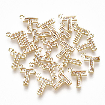 Brass Cubic Zirconia Charms, Letter, Clear, Real 18K Gold Plated, Letter.T, 10x8.5x1.5mm, Hole: 1mm