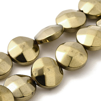 Electroplated Synthetic Non-magnetic Hematite Beads Strands, Double Side Faceted, Flat Round, Light Gold Plated, 10x4.5mm, Hole: 0.8mm, about 41pcs/strand, 15.94''(40.5cm)