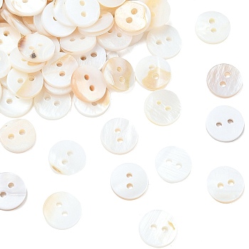 2-Hole Shell Flat Round Buttons, Seashell Color, 10x2mm, Hole: 1.5mm