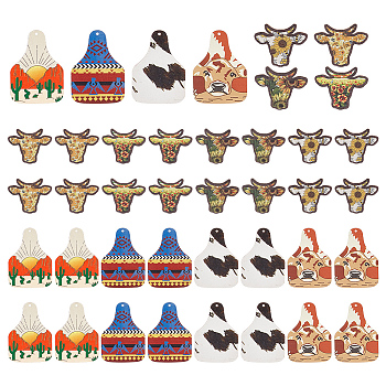 40Pcs 8 Style Single Face Printed Basswood Big Pendants, Bag & Cattle Head Charms, Mixed Color, 36~60x43.5~45x2.5~3mm, Hole: 1.5~2mm, 5pcs/style