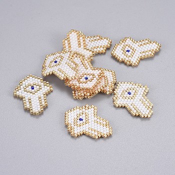 Handmade Japanese Seed Beads, with Japan Import Thread, Loom Pattern, Hamsa Hand with Eye, White, 27x20x2mm