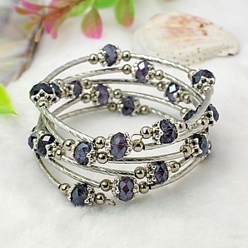 Fashion Wrap Bracelets, with Rondelle Glass Beads, Tibetan Style Bead Caps, Brass Tube Beads and Steel Memory Wire, DarkSlate Blue, Inner Diameter: 55mm